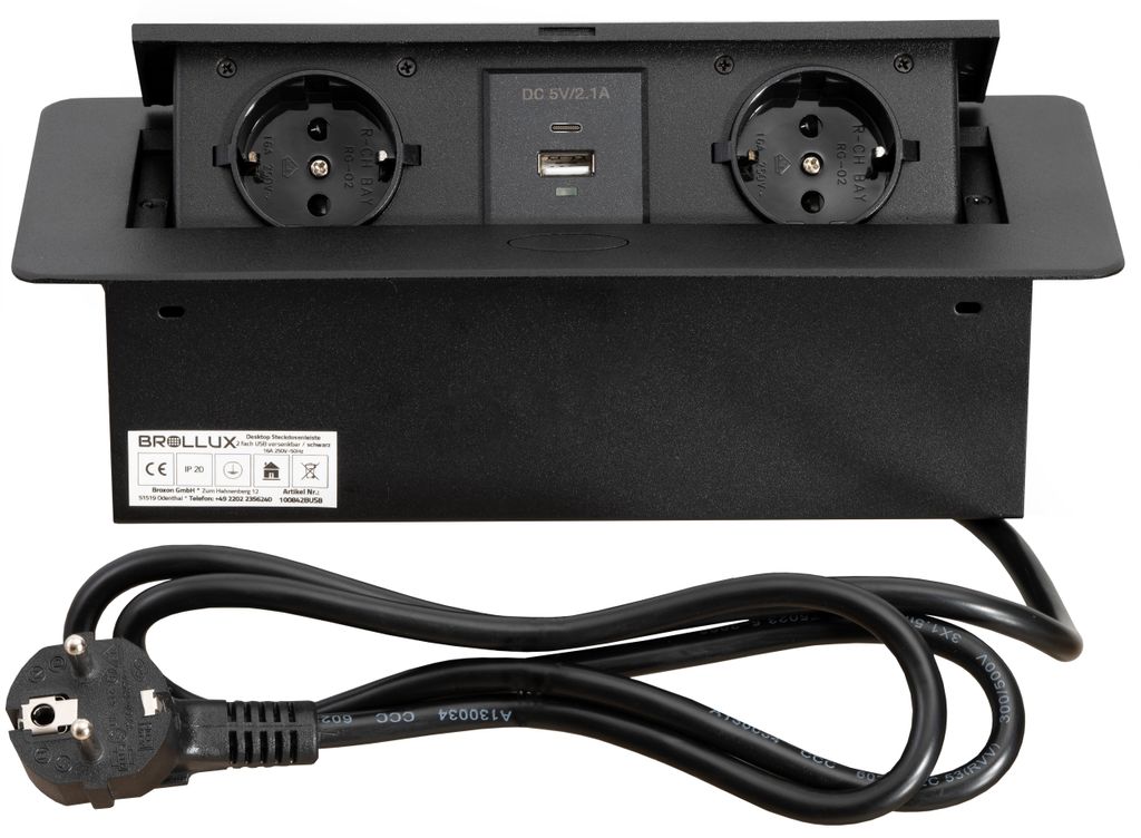 Brollux Einbausteckdose versenkbar 2fach mit USB/USBC Produktbild 