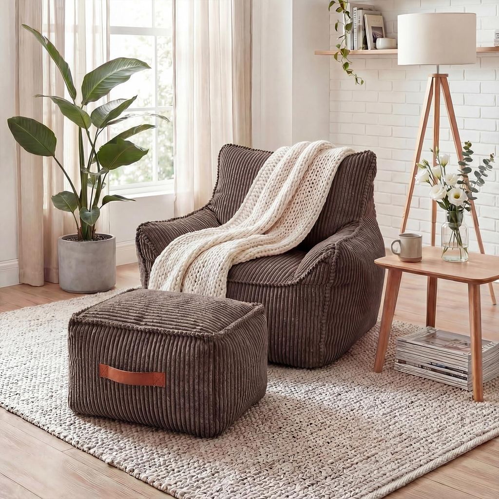 Sitzsack Sessel mit Hocker für Erwachsene, Flauschiger Cord Stoff, Sitzsack Cord mit Füllung, Bean Bag Chair, Wohnzimmer, Lounge, Schlafzimmer, B...