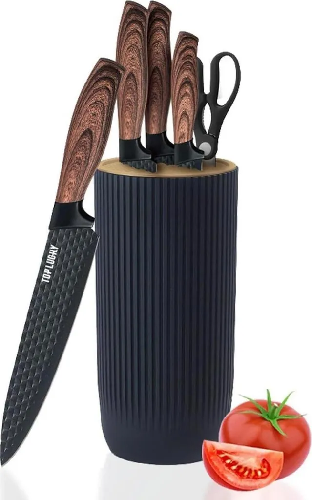 Ceppo di coltelli Premium con manico in legno Set di coltelli da chef in acciaio inox antiaderente nero da 6 pezzi con ceppo universale