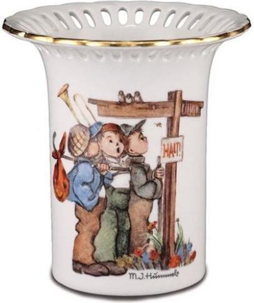 Hummel Durchbruchvase Wanderfreunde, Miniatur mit Goldrand
