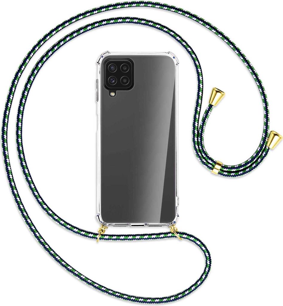 Handykette Backcover-Schutzhülle mit Band (Metall goldfarben) für Samsung Galaxy A22 4G (A225) - grün/blau/weiß