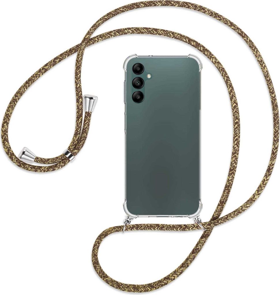 Handykette Backcover-Schutzhülle mit Band (Metall silberfarben) für Samsung Galaxy A14 5G - braun+beige