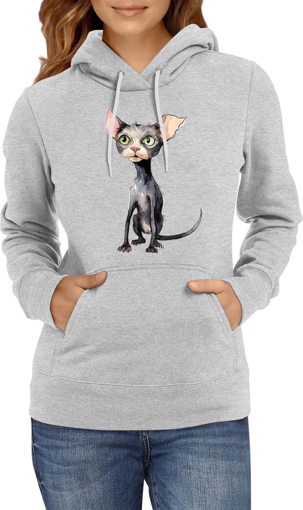 Damen Kapuzenpullover Funny Cats Breeds Bambino Cat 011, Lady XL / Grau