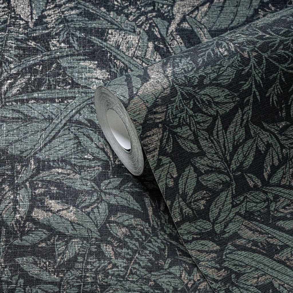 Dschungel Tapete Schwarz Silber – Vliestapete mit Pflanzenmuster strukturiert matt livingwalls (KG-174765)