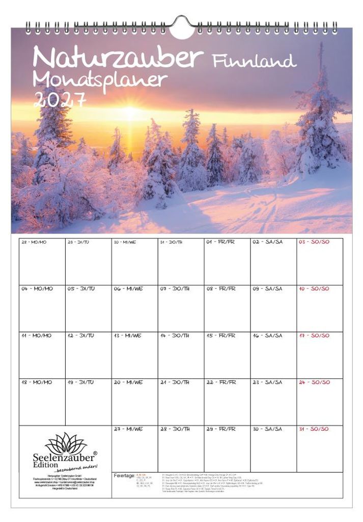 Naturzauber Finnland Planer DIN A3 Kalender für 2027 Natur Reise Land Urlaub - Inhalt: 1x Kalender 1x Weihnachtsanhänger 1x Grußanhänger (gesam...