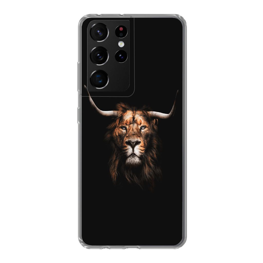 MuchoWow Handyhülle Schutzhülle Hülle für Samsung Galaxy S21 Ultra Löwe - Horn - Schwarz Silikon Softcase Handy Hülle - Mobiltelefon