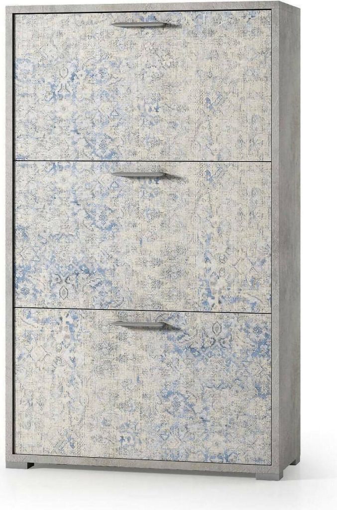 Schuhregal Dlos, Mehrzweck - Eingangsmöbel mit 3 Klapptüren, Schuhschrank mit doppelter Tiefe, 100% Italy, 67x28h112 cm, Beton und Blau