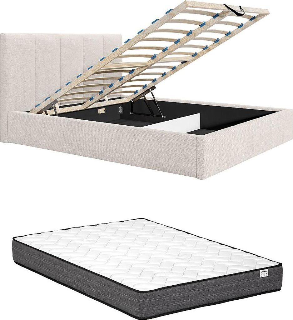 Bett mit Kommode und vertikal genähtem Kopfteil 180 x 200 cm - Stoff - Beige - Mit Matratze - KILACLO