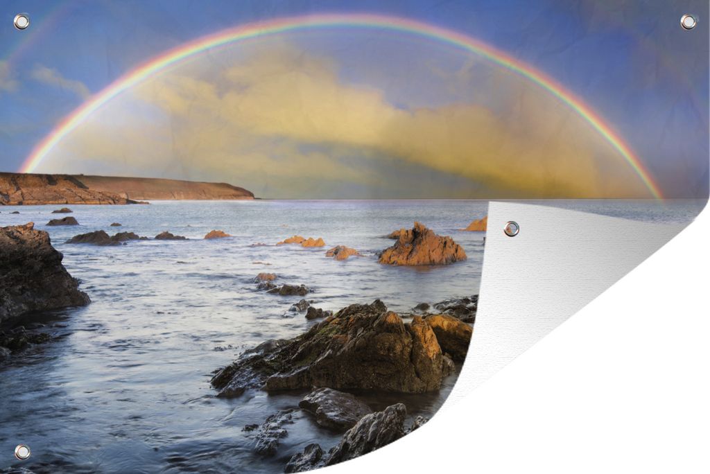 MuchoWow 60x40 cm Outdoor-Poster Gartendeko Sichtschutz Garten Poster für den Garten Die irische Küste unter einem vollen Regenbogen