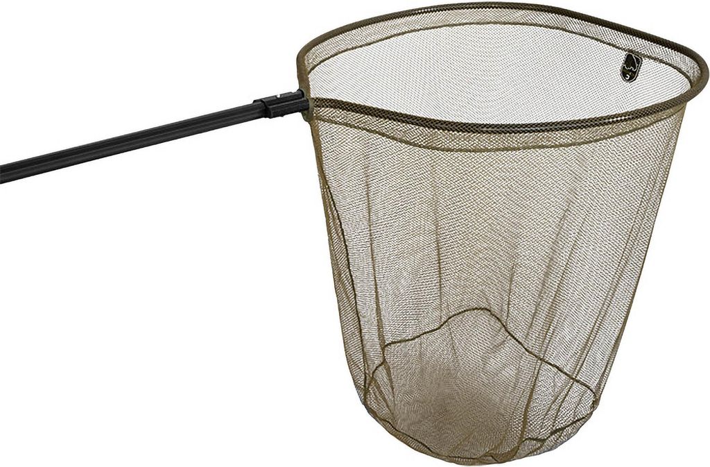 A fishing net with a black handle and a green mesh net, isolated on a white background.