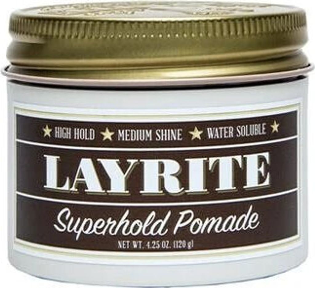 A close-up of a jar of Layrite Superhold Pomade.