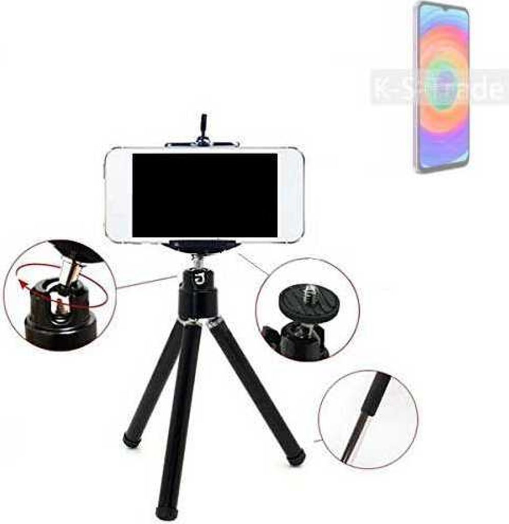 K-S-Trade Smartphone Stativ Dreibein kompatibel mit Ulefone Note 14 Tripod aus Aluminium Klemmstativ Stativ Adapter für Mobiltelefone schwarz 1x