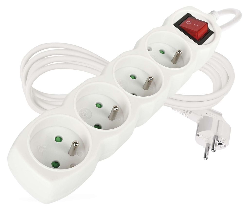 Prodlužovací kabel 2 m / 4 zásuvky / s vypínačem / bílý / PVC / 1 mm2