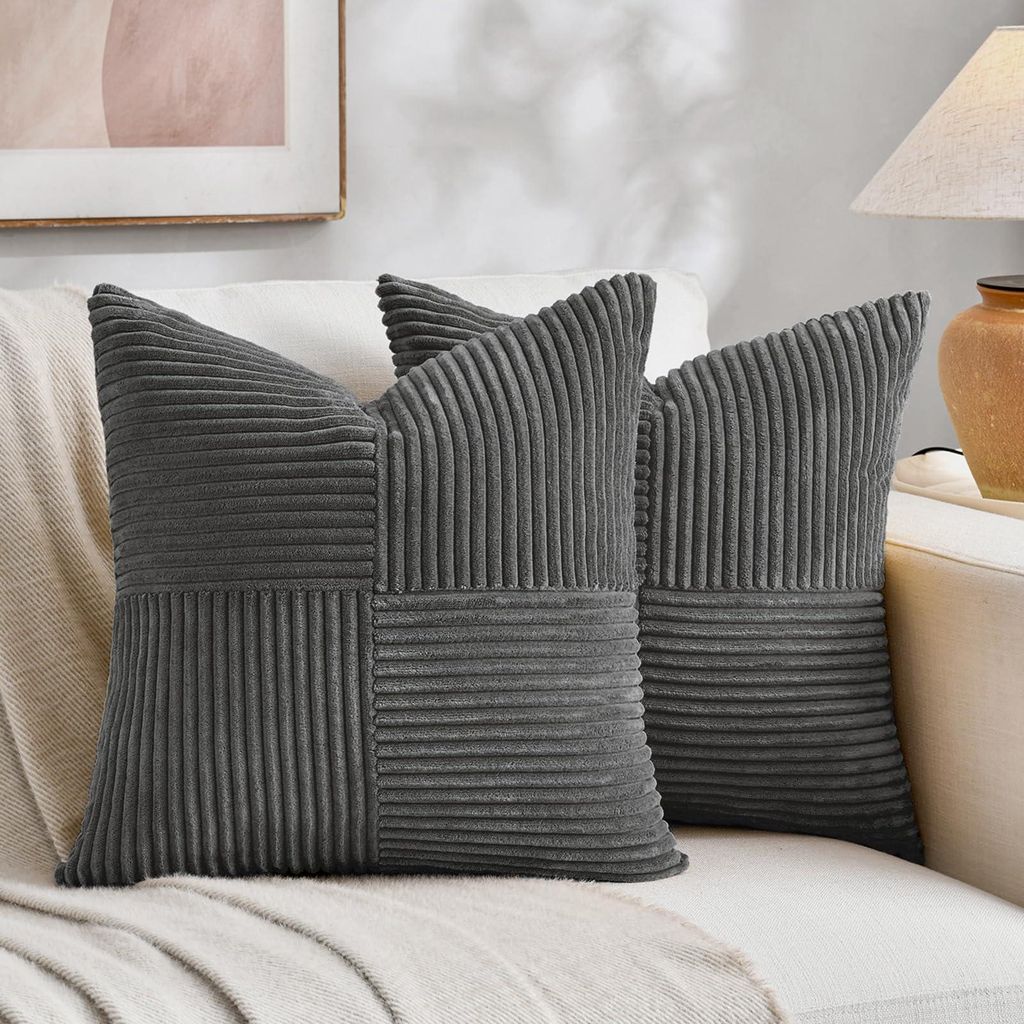 Set mit 2 dunkelgrauen Cord-Kissenbezügen (30 x 30 cm). Weiche, moderne Dekokissen für Sofakissen im Boho-Stil, ideal für Sofa, Schlafzimmer, Wo...