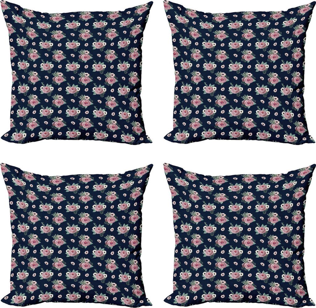 ABAKUHAUS Vintage Rose Kissenbezug Set (4 Stück), Minimalistische Blumen, Moderner Doppelseitiger Digitaldruck, 45 cm x 45 cm, Violett, Blau, Rosa