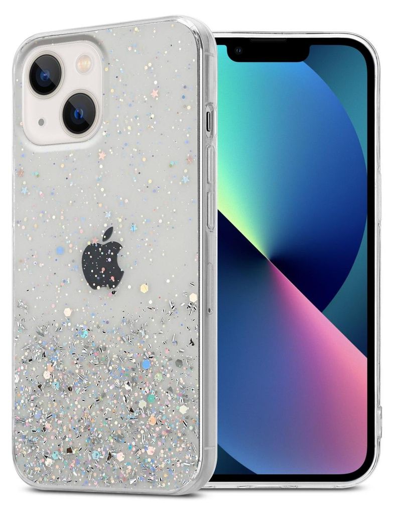 A clear product shot of a phone case with glitter, placed next to a smartphone.