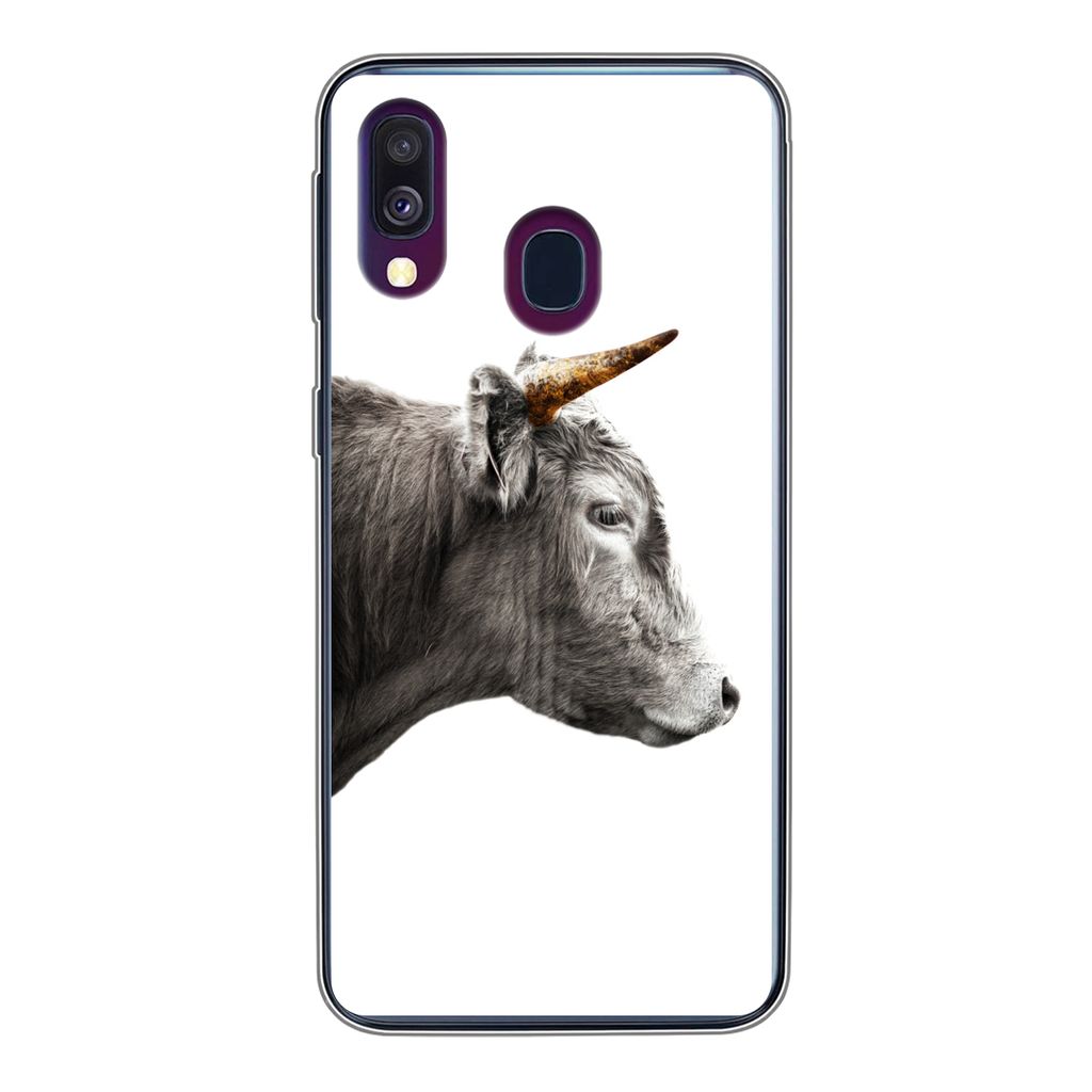 MuchoWow Handyhülle Schutzhülle Hülle für Samsung Galaxy A40 Schottischer Highlander - Horn - Gold Silikon Softcase Handy Hülle - Handy-Tasche