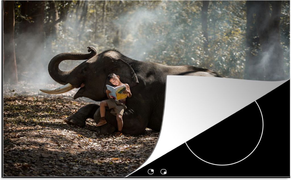 KitchenYeah Herdabdeckplatte Elefant - Junge - Buch - Wald - Tiere - Natur , 80x52cm, Küche Deko, Glaskeramikfeld Herdabdeckung, Abdeckplatte f...