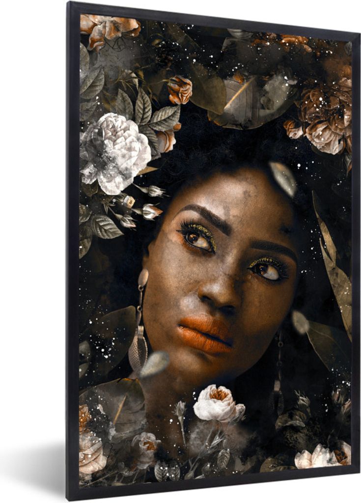 MuchoWow MuchoWow Gerahmtes Poster Frau - Blumen - Farbe 60x90 cm - Poster mit zchwarzem Bilderrahmen - Kunst