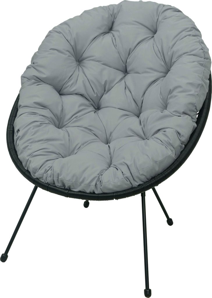 A gray papasan chair cushion with a black woven chair base and black metal legs, isolated on a white background.