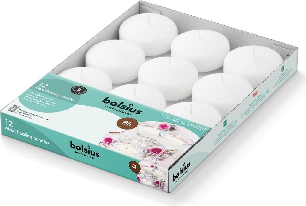 Schwimmkerzen BOLSIUS Maxi BOX 77/29 (8h) 12 Stück weiß Produktbild 