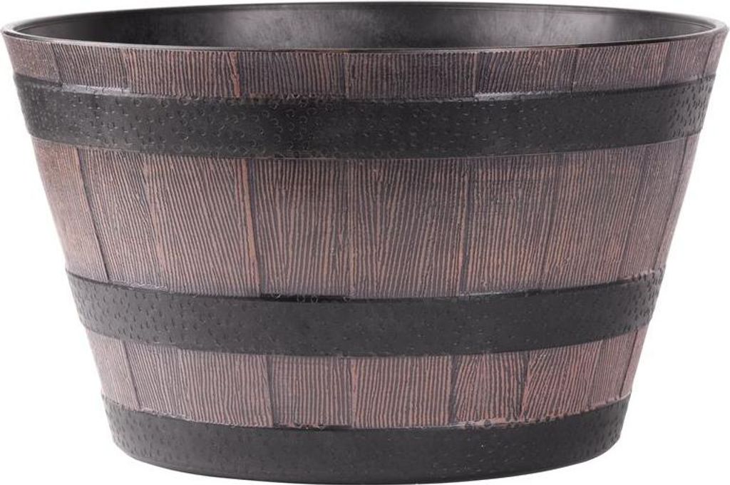 A planter pot with a wood-like texture and dark bands, presented against a white background.