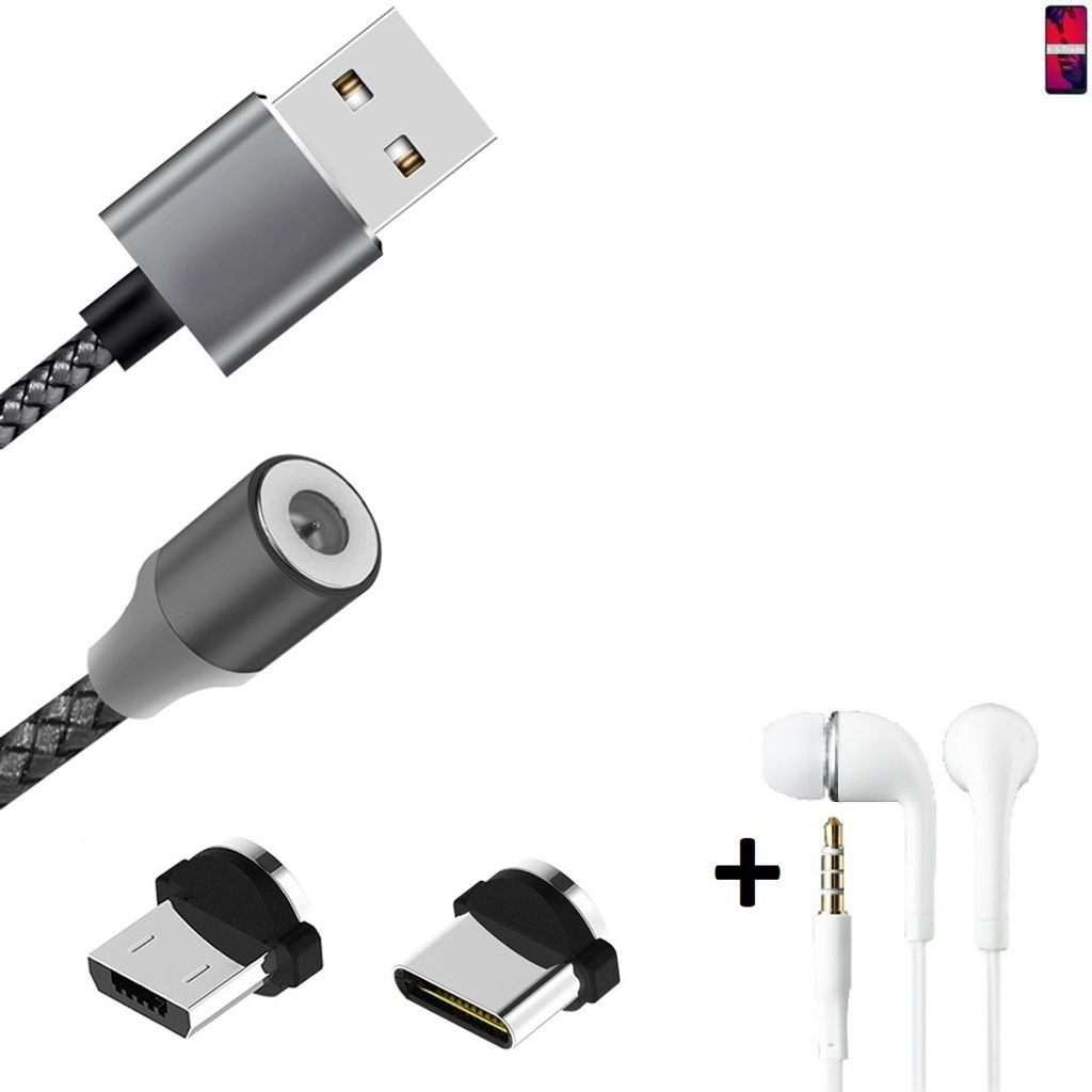 K-S-Trade Hochwertiges Magnet-Lade-kabel Sync-Kabel Daten-Kabel + Kopfhörer kompatibel mit Huawei P20 Pro Dual-SIM mit USB-Typ-C-Anschluss und