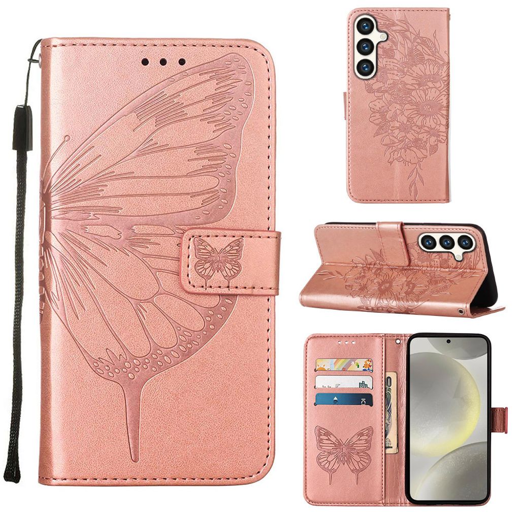 Galaxy S25 FE Hülle, Schmetterling Prägung Leder Kartenfächer Schutzhülle mit Ständer für Samsung Galaxy S25 FE Roségold