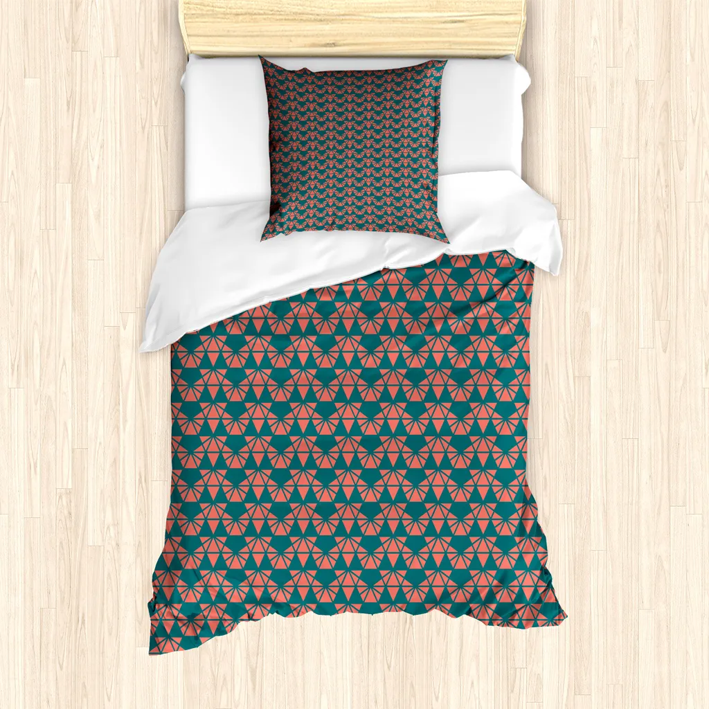 ABAKUHAUS Set copripiumino astratto per letti singoli, triangoli semplici e moderni, antiacaro, adatto a chi soffre di allergie, con federa, 135 cm x 200 cm - 80 x 80 cm, verde acqua scuro e salmone