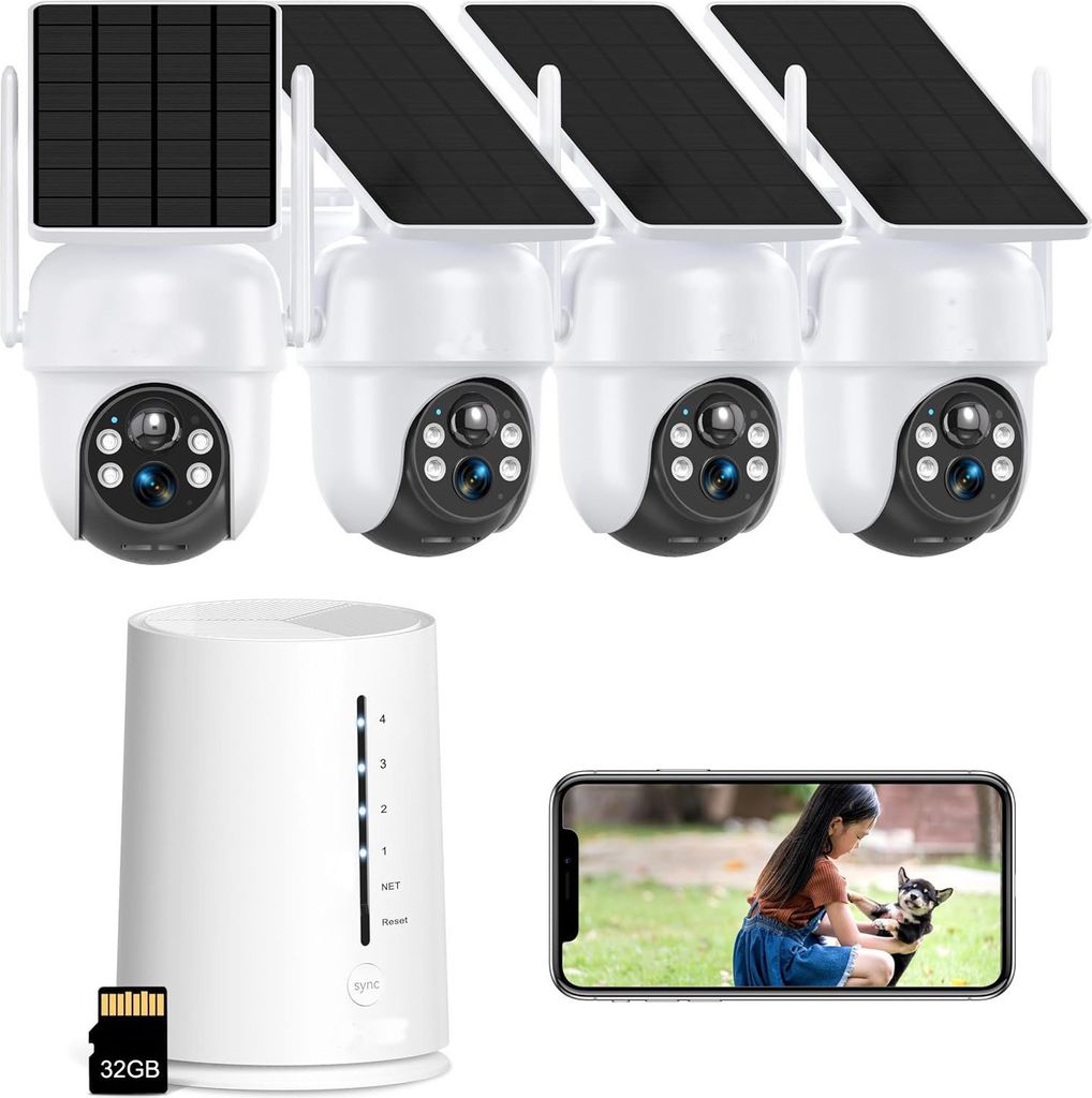A set of solar-powered security cameras with a base station and a smartphone displaying a live feed.
