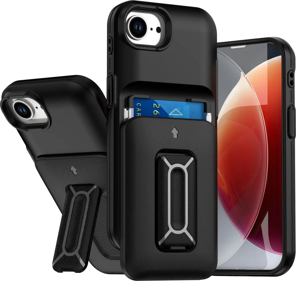 Custodia iPhone 16E con Portacarte Nero | Cover TPU Morbida Antiscivolo