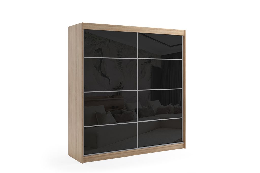 ALTDECOR Kleiderschrank mit Lacobel-Schiebetüren, kugelgelagerte Führungsschienen und Aluminium-Leisten - VIVONA - 180 cm - Hellbraun/Schwarz