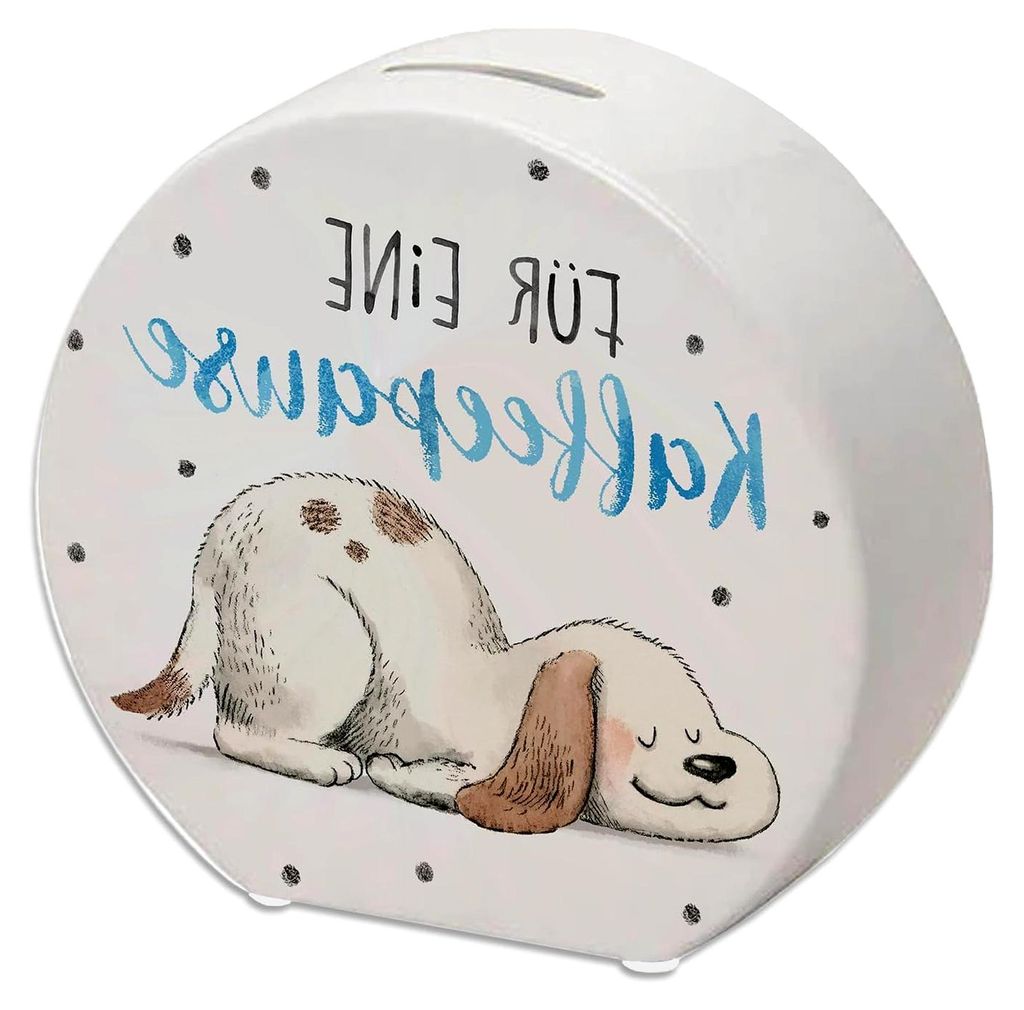 Entspannter Hund Spardose mit Spruch für eine Kaffeepause