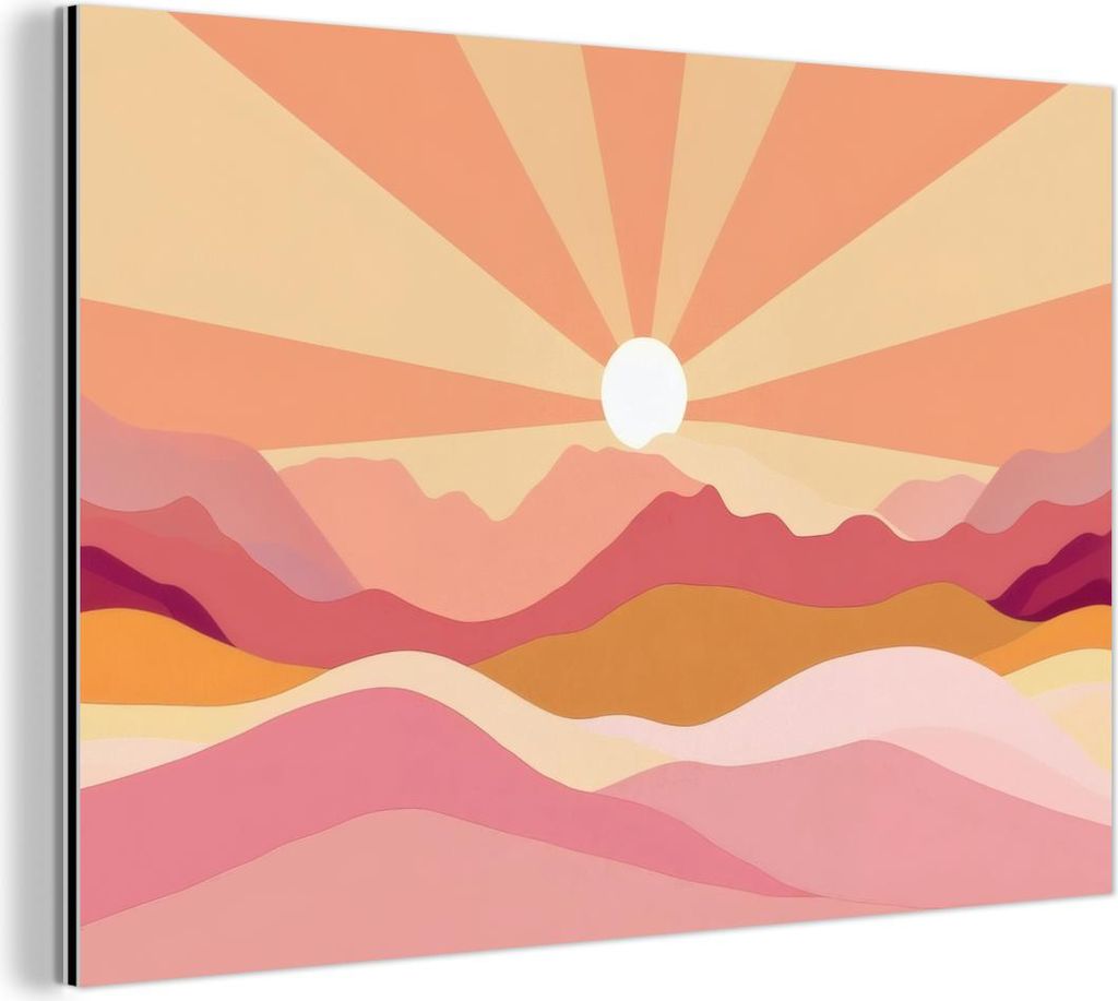 MuchoWow Wanddekoration Metall Metallbild Wandkunst 90x60 cm Berge - Abstrakt - Sonnenstrahlen - Rosa MuchoWow Aluminium Gemälde - Wandbilder