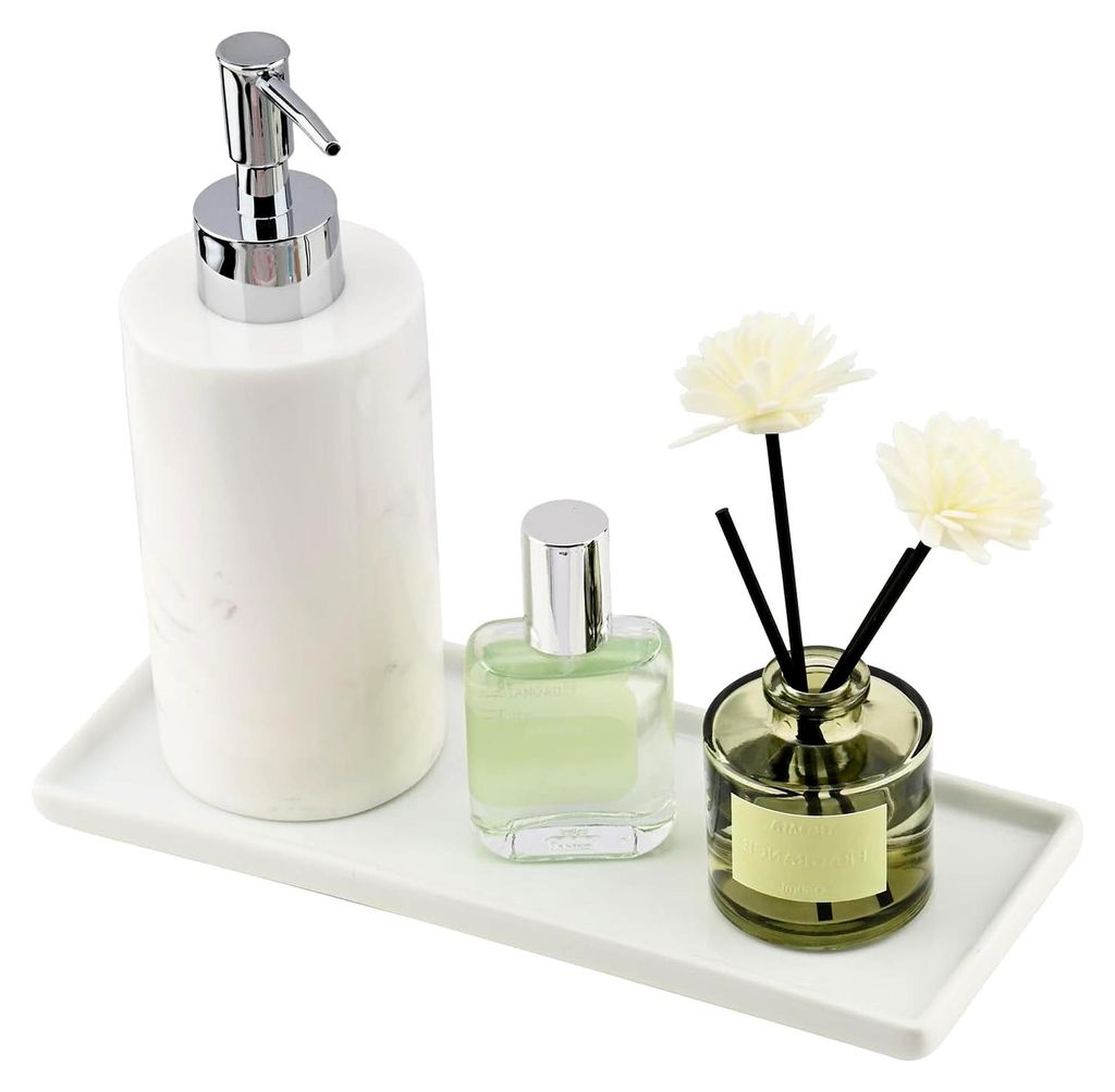Keramik Badezimmer Tablett in Weiß, Längliches Deko Tablett für Bad und Schminktisch, Ablageschale für Seifenspender, Kerzen und Kosmetik (L)