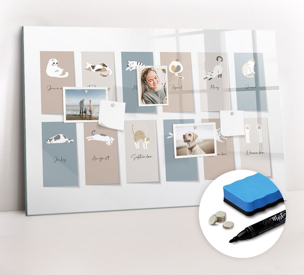 Magnetpinnwand Memoboard - Zubehörsatz - Schwarzer Marker + Schwamm + Magnete - 90 x 60 cm - Katzenkalender