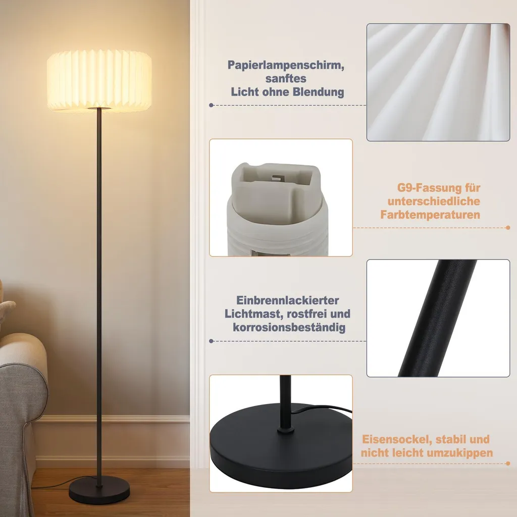 Lampadaire de Chambre Luminaire d'Ambiance Papier Blanc pour Coin Lecture - 6