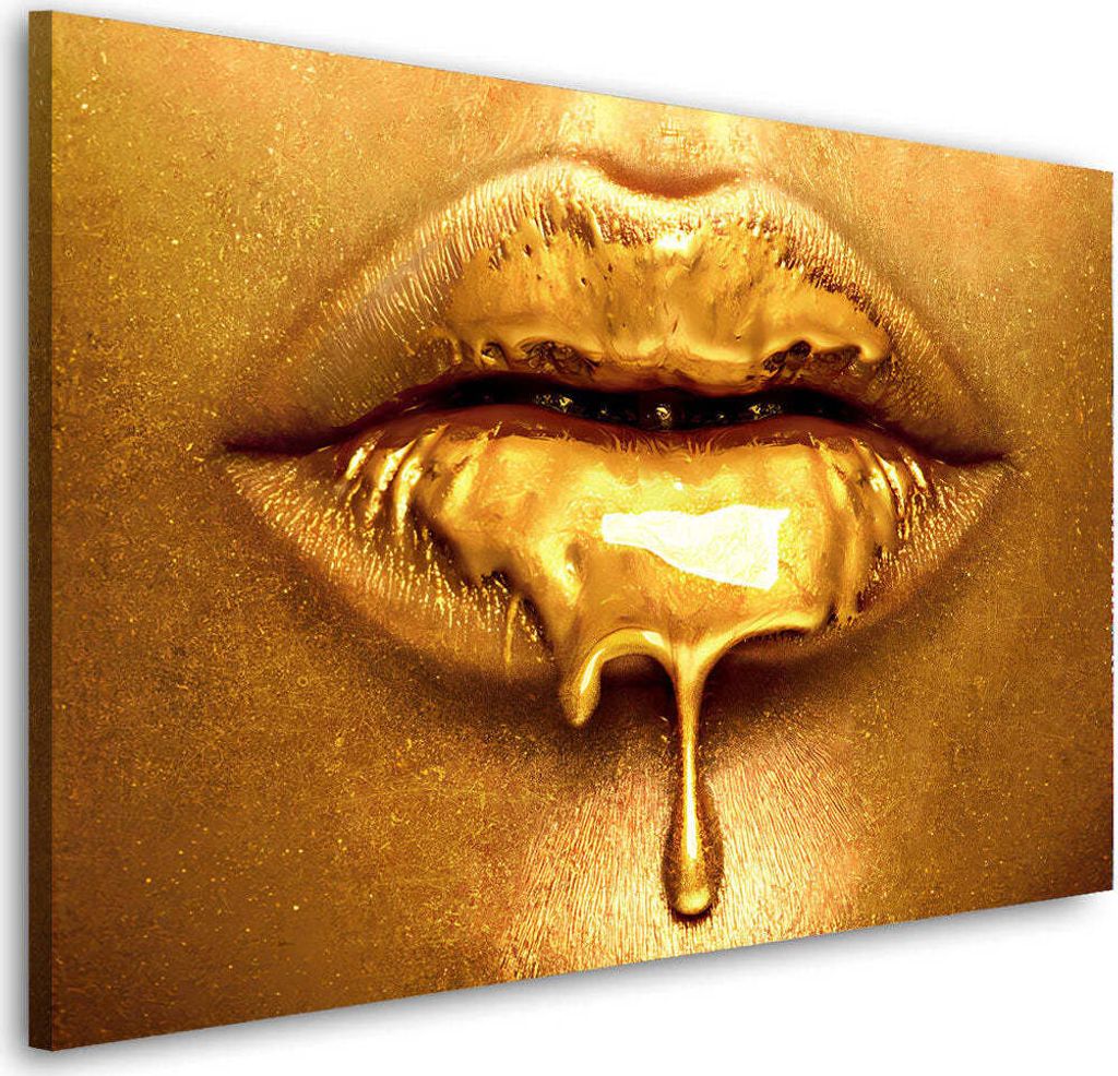 Lippen Gold Style Wandbild Leinwandbild Deko XL Kunst: 90x60x4cm