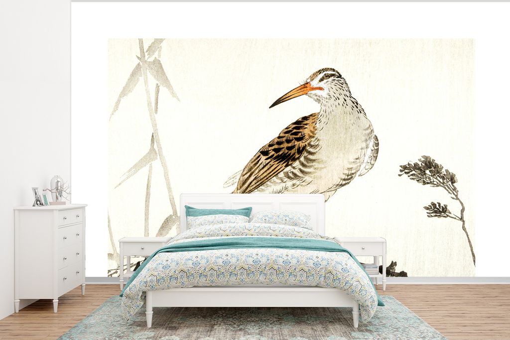 MuchoWow Fototapete für Wohnzimmer oder Schlafzimmer Wandtapete Vinyl Motivtapete Vogel - Zweig - Skandinavisch - Japanisch - 350x260 cm - Wohnz...