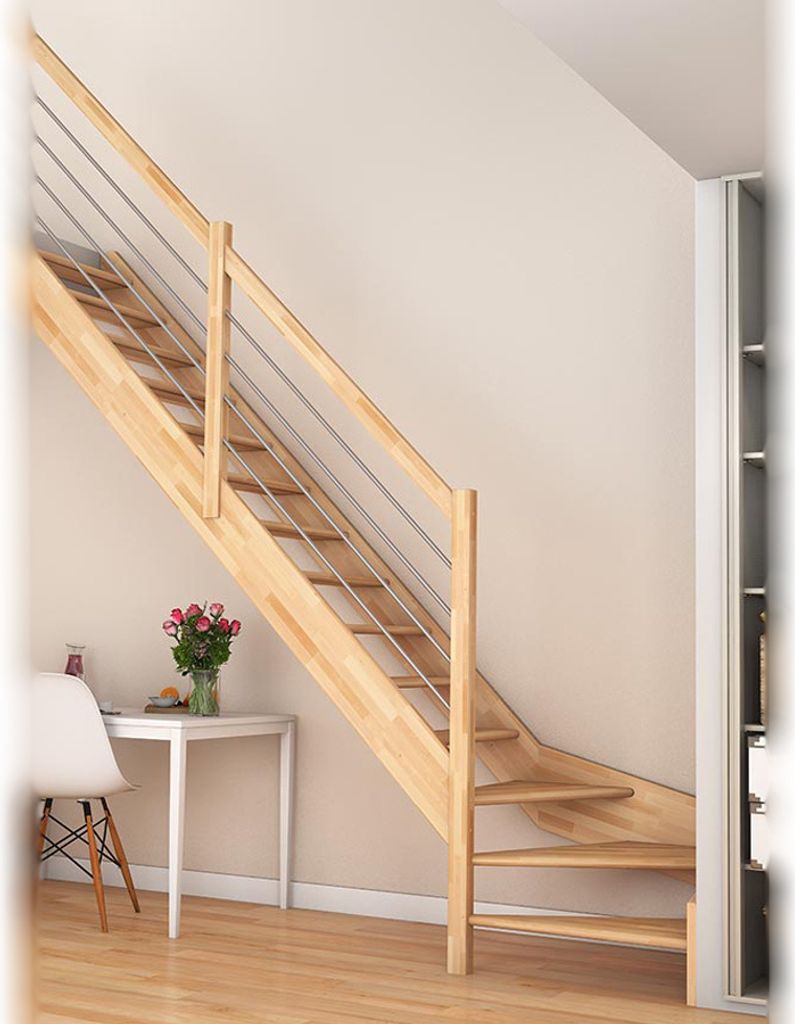 Dolle Raumspartreppe Paris ohne Setzstufen Buche versiegelt Treppenlauf 1/4 gewendelt unten links Edelstahlrohre