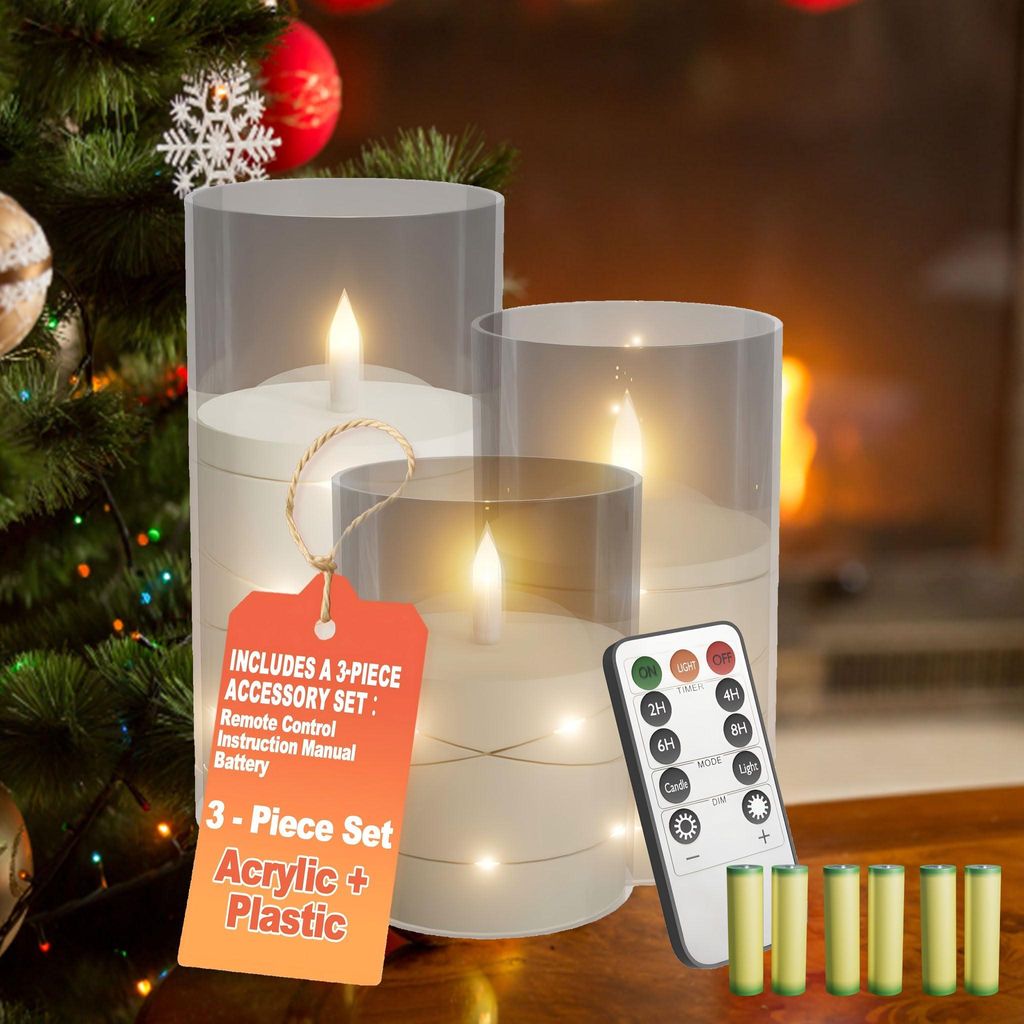 FIVMEN 3er Set Flammenlose LED Kerzen mit Fernbedienung und 6 AA-Batterien,Timer Funktion 300 Stunden flackernde,kabellose Weihnachten Deko für Ti...