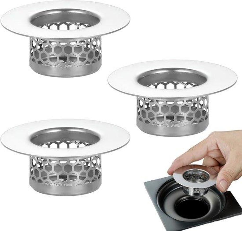 Famanu Set von 3 universellen Abfluss-Sieben – rostfreie Edelstahl-Abflussroste für Bad und Küche, geeignet für Abflüsse mit einem Durchmesse...