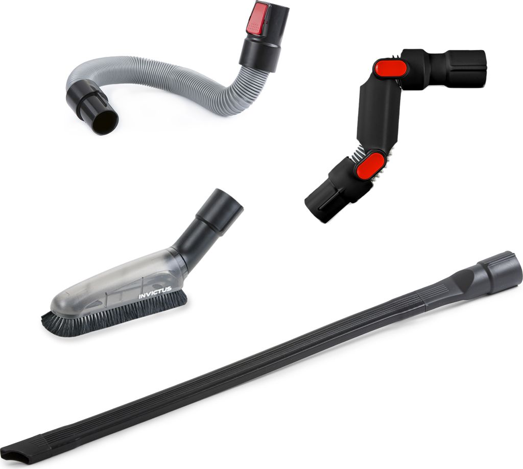 A collection of vacuum cleaner attachments arranged on a white background.