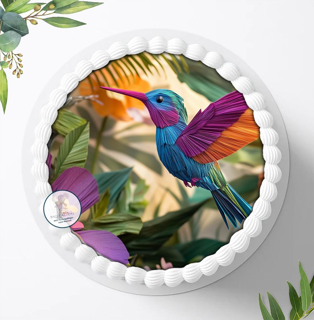 Für die Geburtstags Torte ein Tortenaufleger, Zuckerbild mit dem Motiv: Kolibri, Essbares Foto für Torten, Fondant, Ø 20cm, 2259z