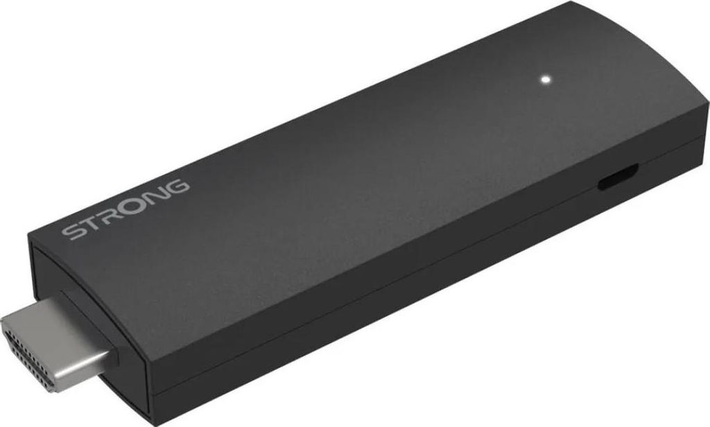A black HDMI streaming stick with the brand name 'STRONG' printed on it.