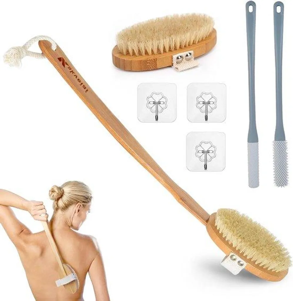 Brosse de douche ergonomique à long manche gris et poils souples