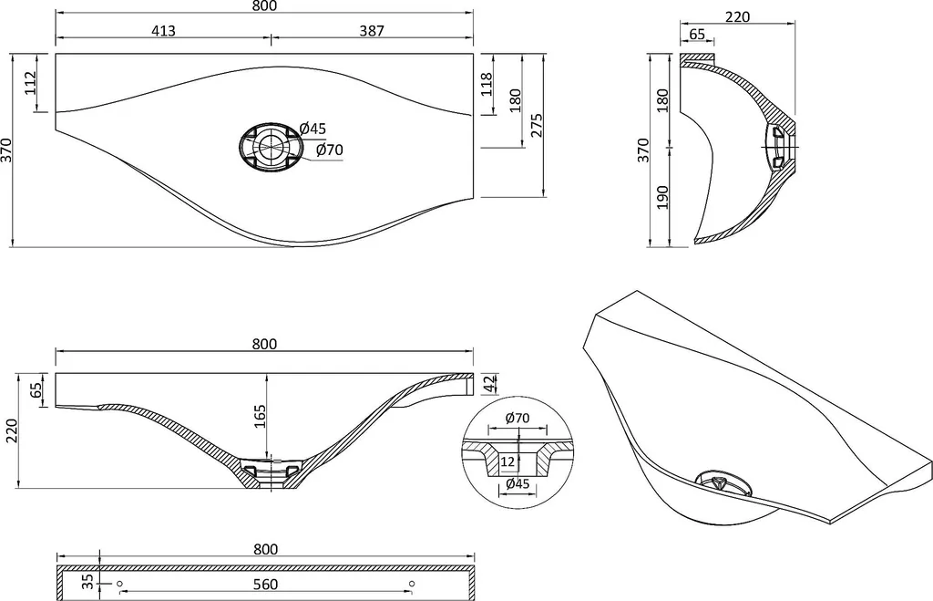 Lavabo Suspendu Blanc Mat 80cm Solid Surface Résistant Colossum816 - 7