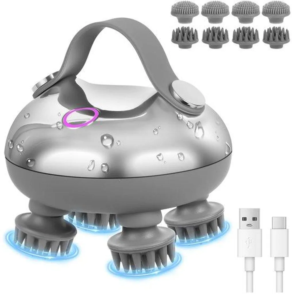 Masseur de cuir chevelu électrique étanche en silicone gris argenté