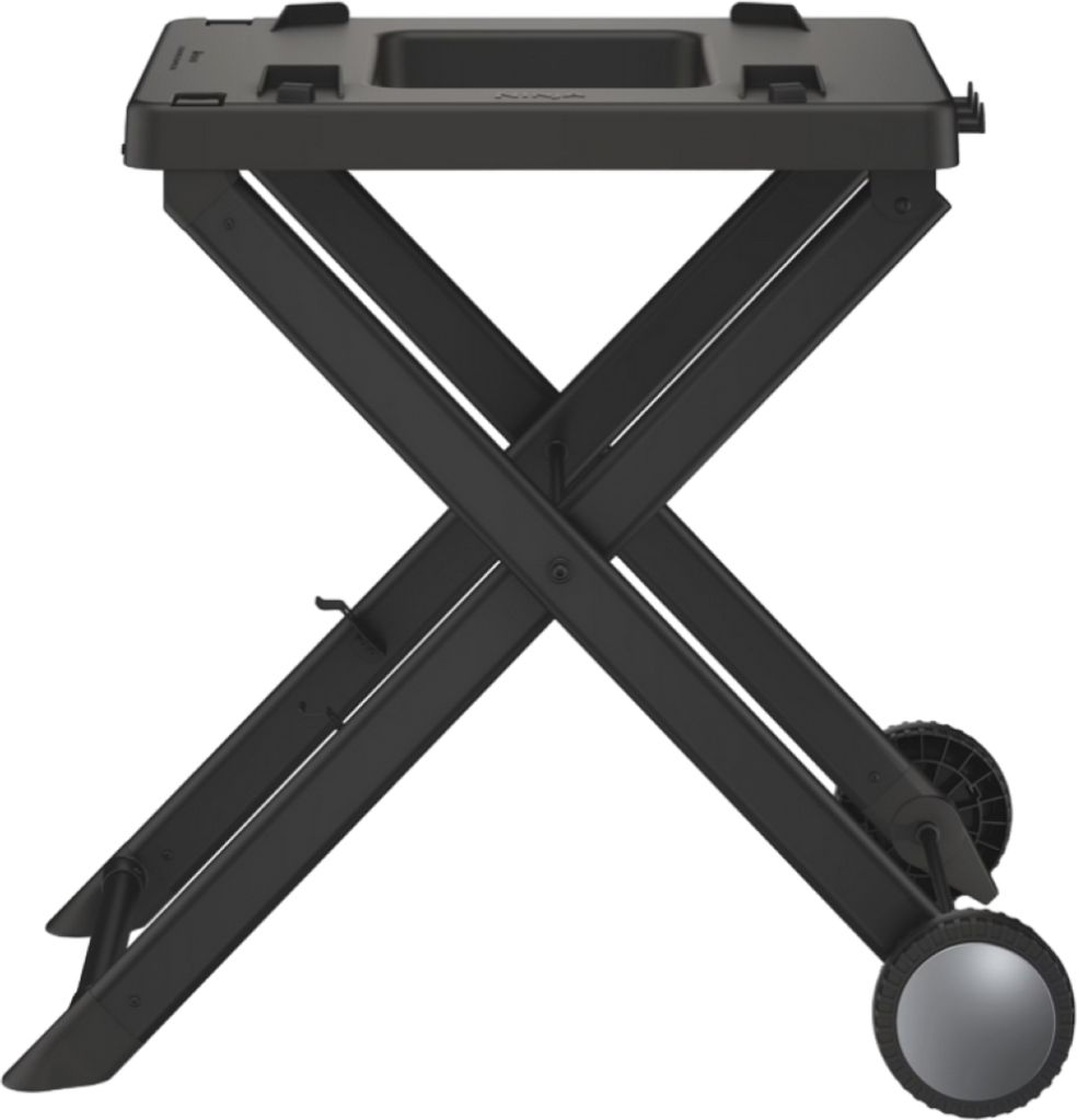 A black folding grill stand with wheels, shown from the side.