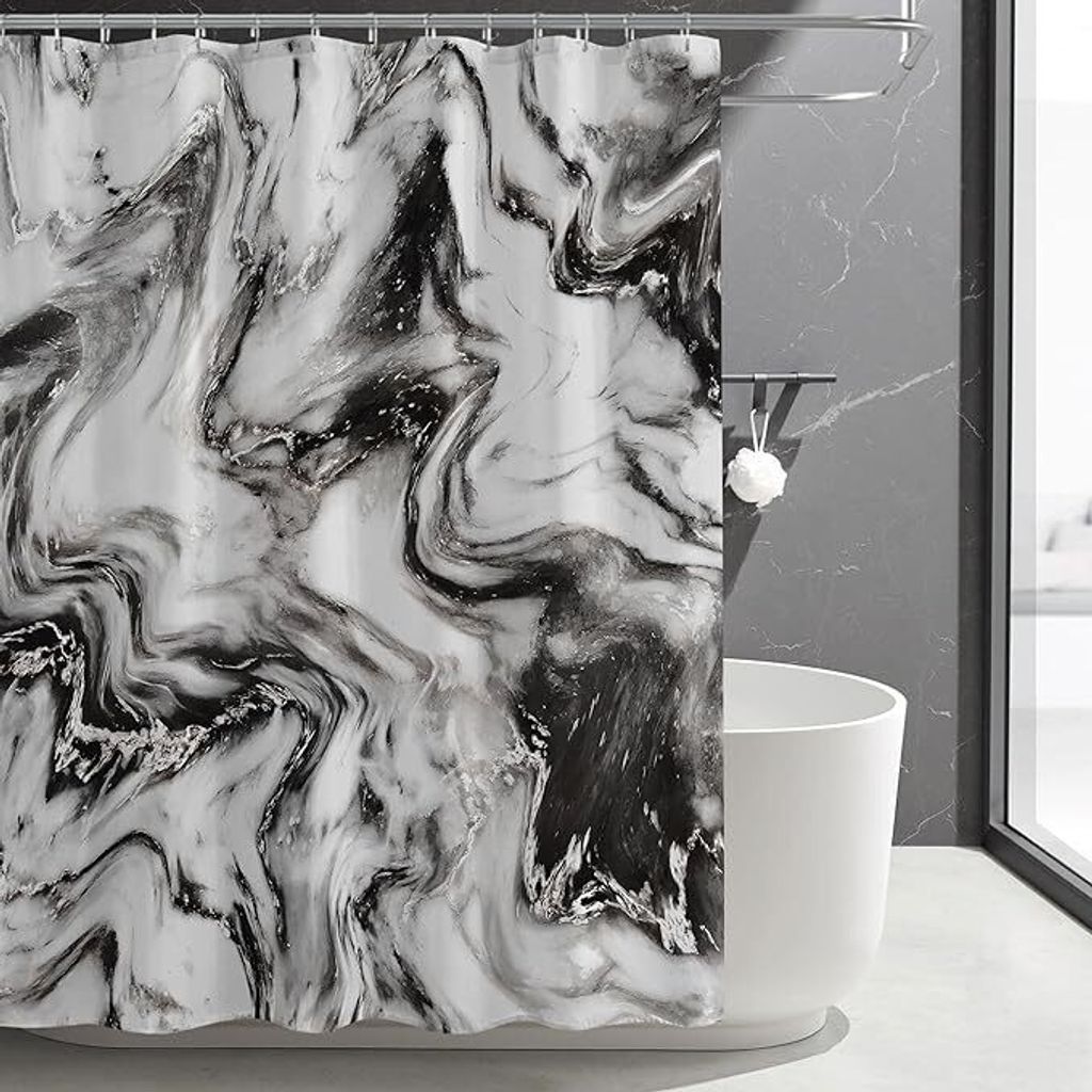Schwarz-Weiß Duschvorhang, abstrakter Marmor-Duschvorhang für modernes Badezimmer, wasserdichter Stoff-Duschvorhang mit Haken, 72 x 72 Zoll.